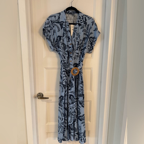 Zara Dresses & Skirts - Zara Light Blue Maxi Dress with Navy Floral Print and Woven Belt